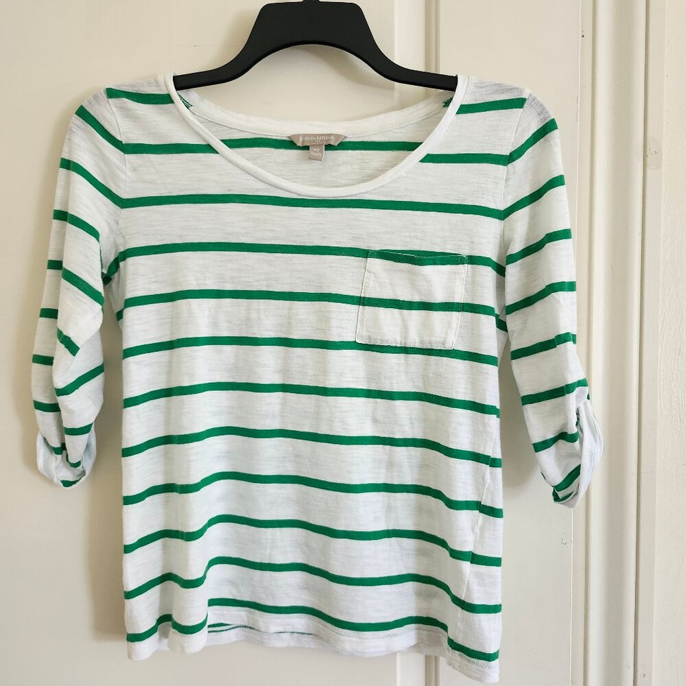 Banana Republic Women Size XS Green White Striped Crewneck  Short Roll-Up Shirt